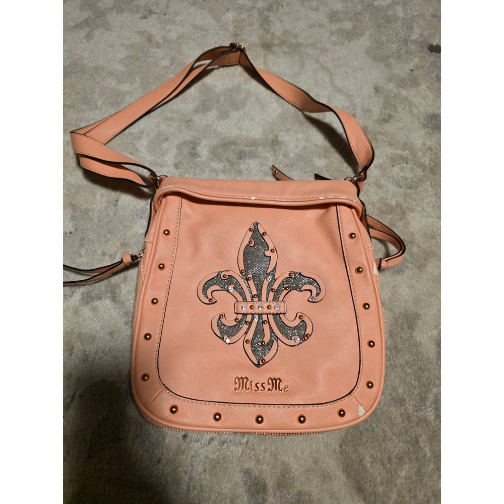 Miss Me Peach Pink Fleur de Lis Rhinestone Studded Crossbody Bag Y2K